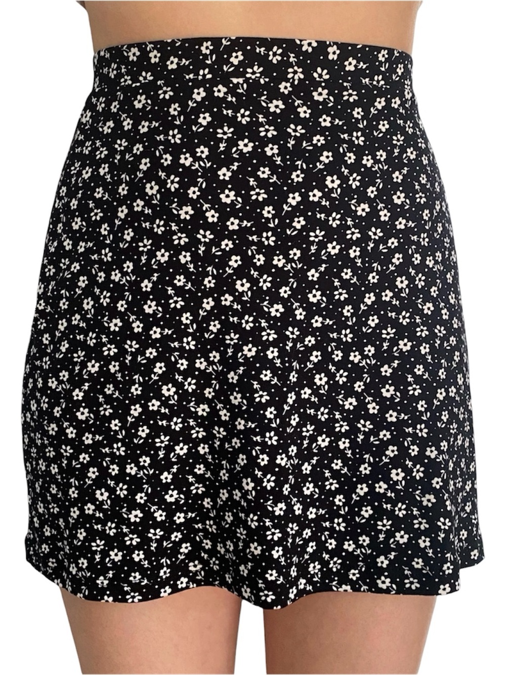 Originality Spring Summer White Daisy Print Floral Black Skirt Women's Size XS